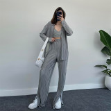 Premium Grey Long sleeved Shirt Strap Wide Leg Pants Casual Three Piece Set