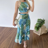 Printed Short Lace Up Tank Top High Waist Half Dress Two Piece Set