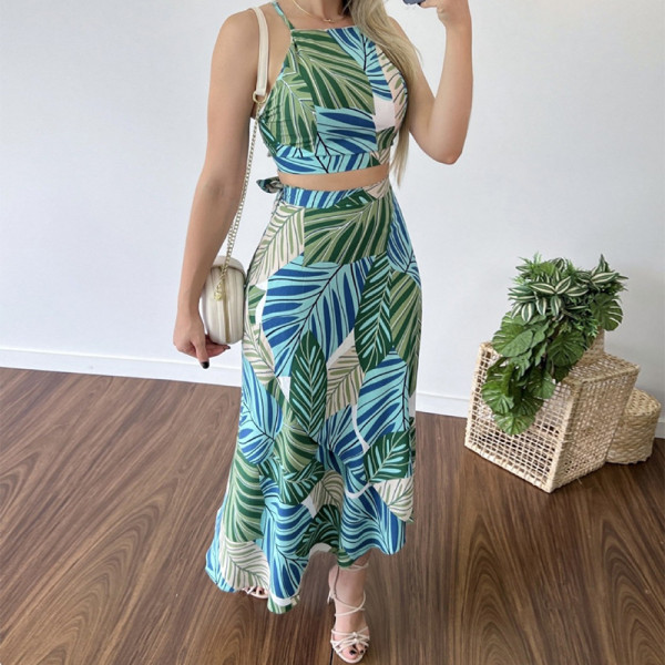 Printed Short Lace Up Tank Top High Waist Half Dress Two Piece Set