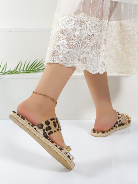 Women's shoes with leopard print and wide band metal chain flat bottomed slippers