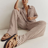 Printed Set Short Sleeve Shirt Lace up High Waist Pants Casual Two Piece Set