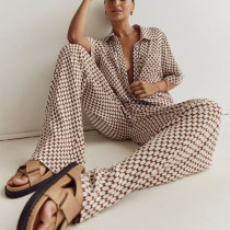 Printed Set Short Sleeve Shirt Lace up High Waist Pants Casual Two Piece Set