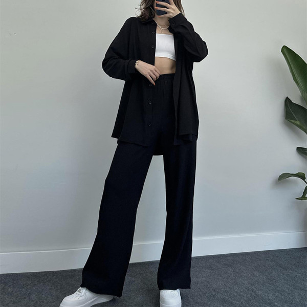 Temperament solid color long sleeved shirt jacket wide leg pants casual two-piece set