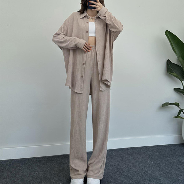 Temperament solid color long sleeved shirt jacket wide leg pants casual two-piece set