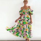 Bohemian printed off shoulder holiday style sexy loose fitting dress