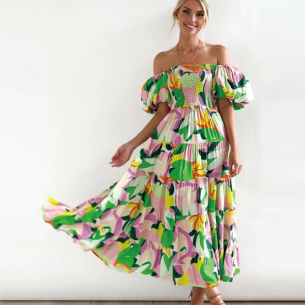 Bohemian printed off shoulder holiday style sexy loose fitting dress