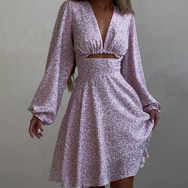 Fashionable Long Sleeve V-Neck Careful Machine Dress Printed Slim French Dress