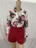 Casual Set Light Mature Long Sleeve Printed Standing Neck Shirt Women's Shorts Two Piece Set
