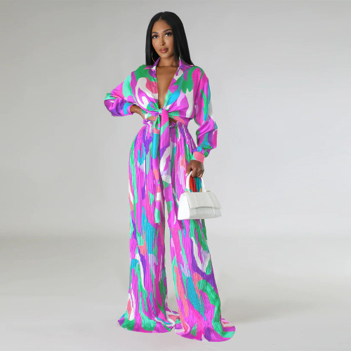 Women's simulated silk print deep V lace up long sleeved pleated pants set