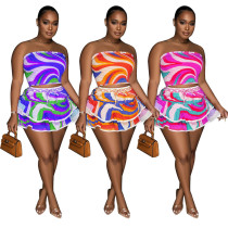 Sexy Sleeveless Open Back Short Dress Printed Two Piece Set