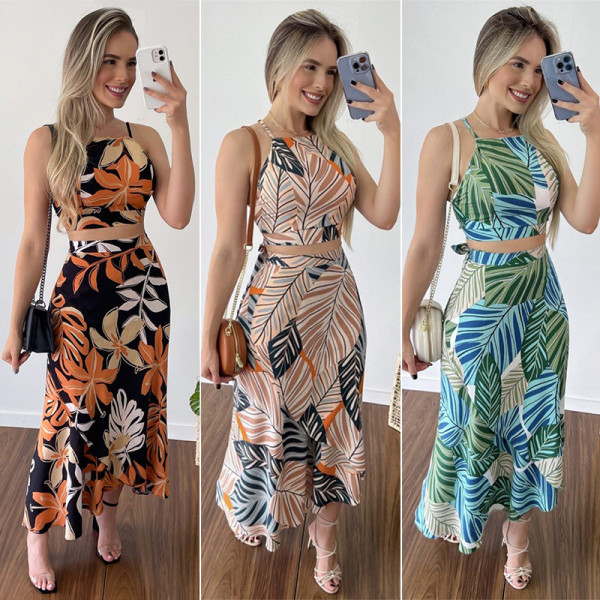 Printed Short Lace Up Tank Top High Waist Half Dress Two Piece Set