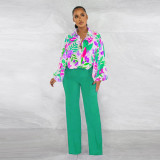 Women's lantern sleeves, chiffon printed sun protection top, solid color pants set