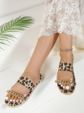 Women's shoes with leopard print and wide band metal chain flat bottomed slippers
