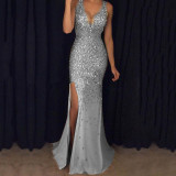 Long Dress Sling V-Neck Split Gold Splash Dress