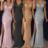Long Dress Sling V-Neck Split Gold Splash Dress
