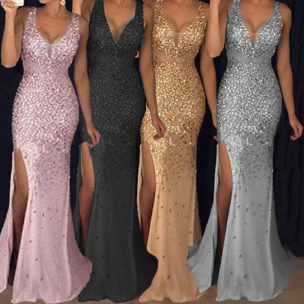 Long Dress Sling V-Neck Split Gold Splash Dress