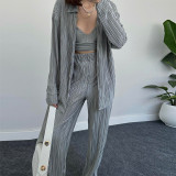 Premium Grey Long sleeved Shirt Strap Wide Leg Pants Casual Three Piece Set