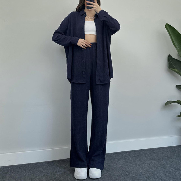 Temperament solid color long sleeved shirt jacket wide leg pants casual two-piece set