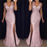 Long Dress Sling V-Neck Split Gold Splash Dress