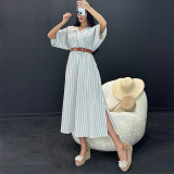 Temperament striped V-neck short sleeved belt with waistband and split middle length dress including belt