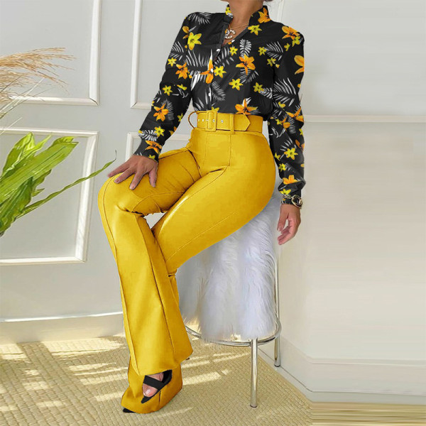 Casual Set Printed Standing Neck Long Sleeve Shirt Top Wide Leg Pants Two Piece Set with Belt