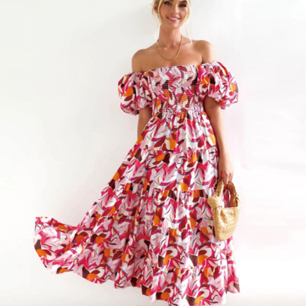 Bohemian printed off shoulder holiday style sexy loose fitting dress