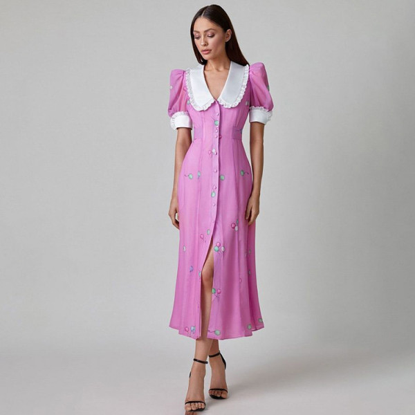 Women's French printed dress with fashionable temperament, doll neck, short sleeves, waist up long skirt