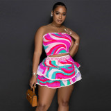 Sexy Sleeveless Open Back Short Dress Printed Two Piece Set