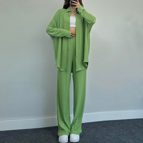 Temperament solid color long sleeved shirt jacket wide leg pants casual two-piece set