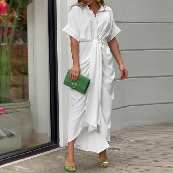 Polo collar medium length short sleeved single breasted high waisted shirt dress