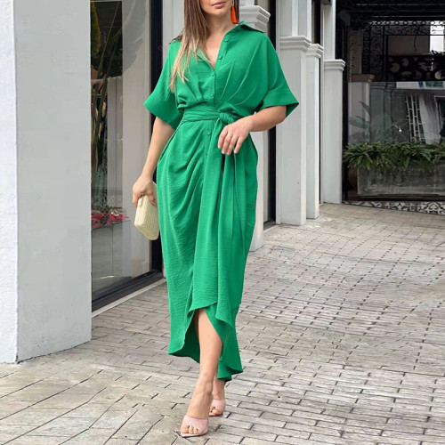 Polo collar medium length short sleeved single breasted high waisted shirt dress