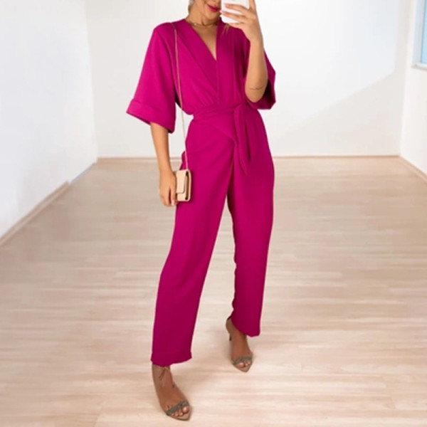 Solid loose size V-neck short sleeved tied waist straight tube women's jumpsuit