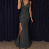 Long Dress Sling V-Neck Split Gold Splash Dress