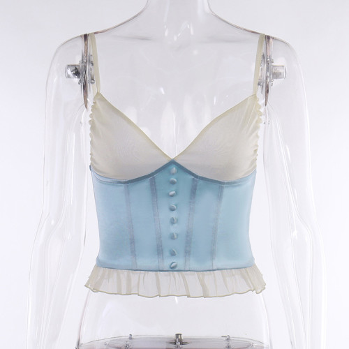Waist ruffled suspender top with contrasting color vest