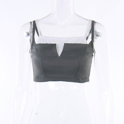 Knitted suspender color contrast fake two piece short tank top temperament slim fitting versatile T-shirt