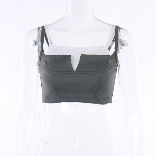 Knitted suspender color contrast fake two piece short tank top temperament slim fitting versatile T-shirt