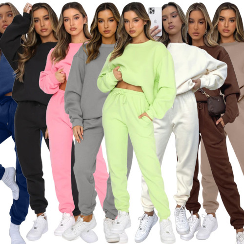 Solid round neck pullover pants for women's fashion casual long sleeved sweater set