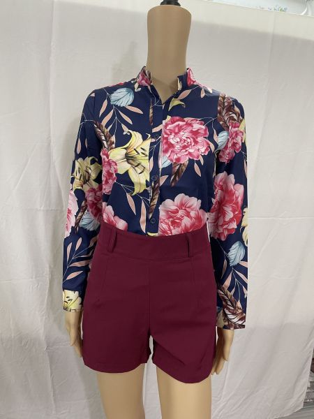 Casual Set Light Mature Long Sleeve Printed Standing Neck Shirt Women's Shorts Two Piece Set