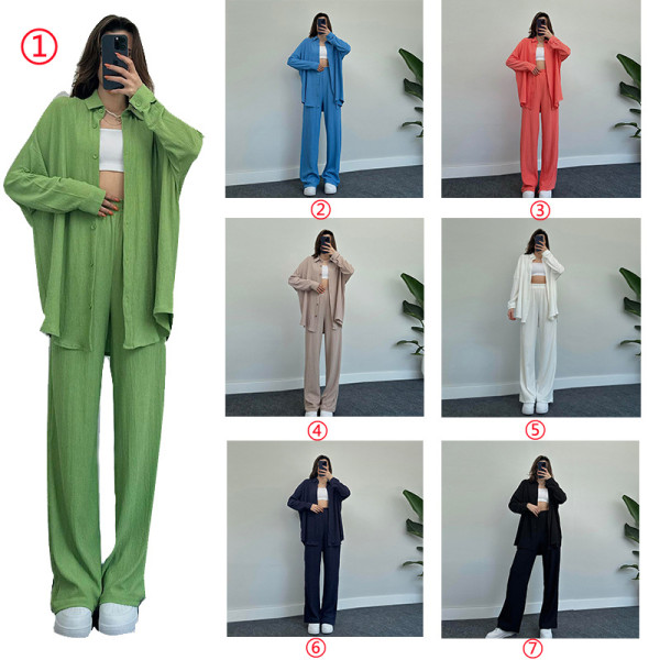 Temperament solid color long sleeved shirt jacket wide leg pants casual two-piece set