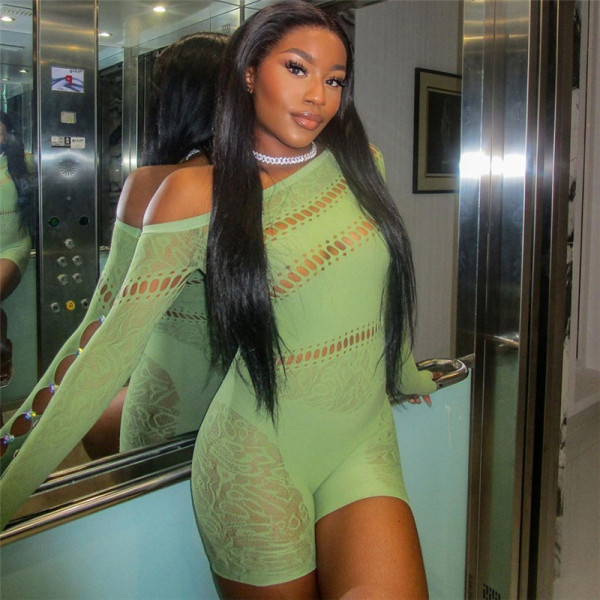 Women's sexy hollow out tight knit perspective high waisted casual jumpsuit shorts