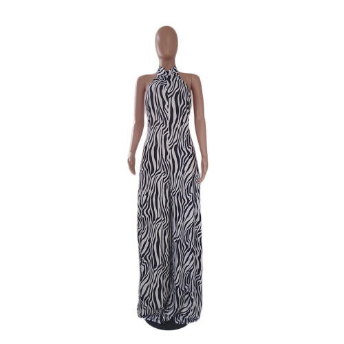 Large size wide leg jumpsuit with striped print jumpsuit
