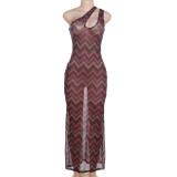Sexy Perspective Mesh Print Slim Fit Oblique Shoulder Dress