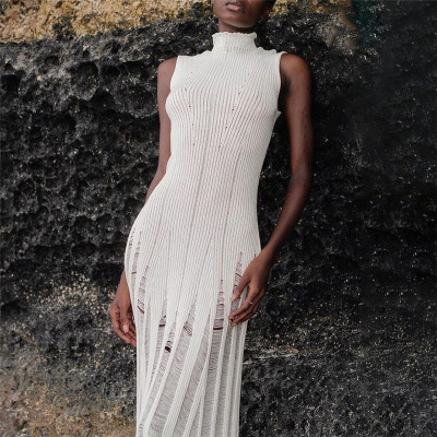 Sexy Sleeveless Knitted High Neck High Waist Slim Fit Long Dress