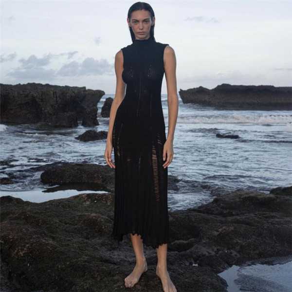 Sexy Sleeveless Knitted High Neck High Waist Slim Fit Long Dress