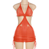 Sexy Lace Up Neck Knitted High Waist Tight Solid Color Hip Wrap Dress