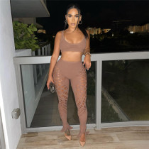 Sexy Umbilical Slim Fit Top High Waist Hollow Out Casual Pants Set Sexy Umbilical Slim Fit Top High Waist Hollow Out Casual Pants Set