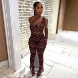 Sexy Perspective Mesh Print Slim Fit Oblique Shoulder Dress