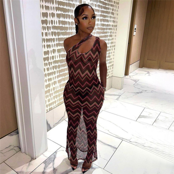 Sexy Perspective Mesh Print Slim Fit Oblique Shoulder Dress