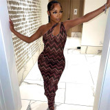Sexy Perspective Mesh Print Slim Fit Oblique Shoulder Dress