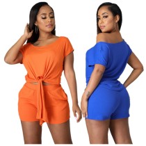 Loose Round Neck Short Sleeve Self Tie Two Piece Set Loose Round Neck Short Sleeve Self Tie Two Piece Set